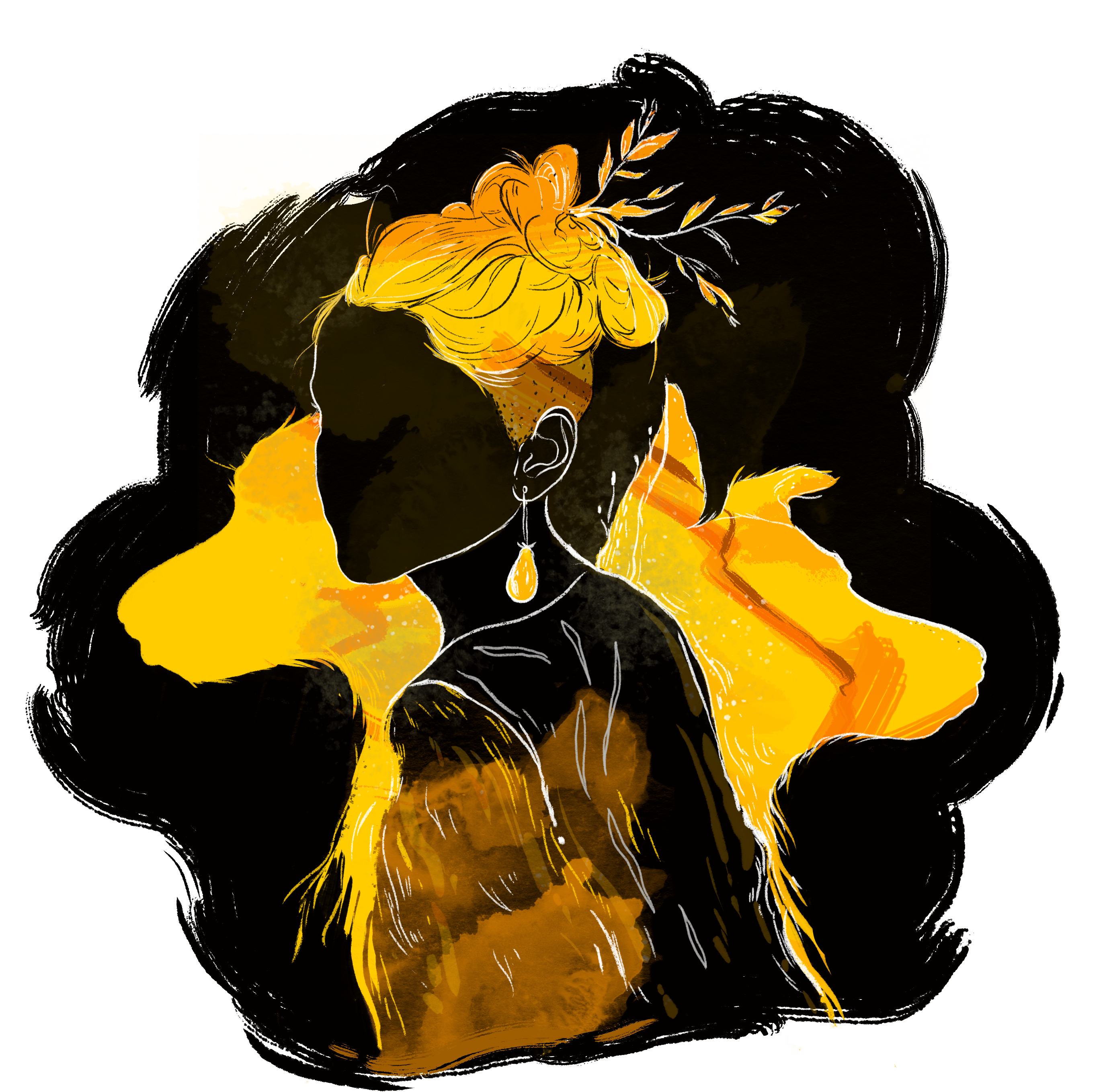 Maria Martelli avatar. Yellow portrait drawing with golden dogs on black background.